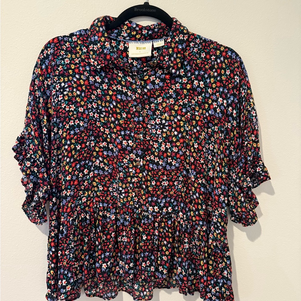 Anthropologie Maeve Black Ruffled Blouse with Collar
